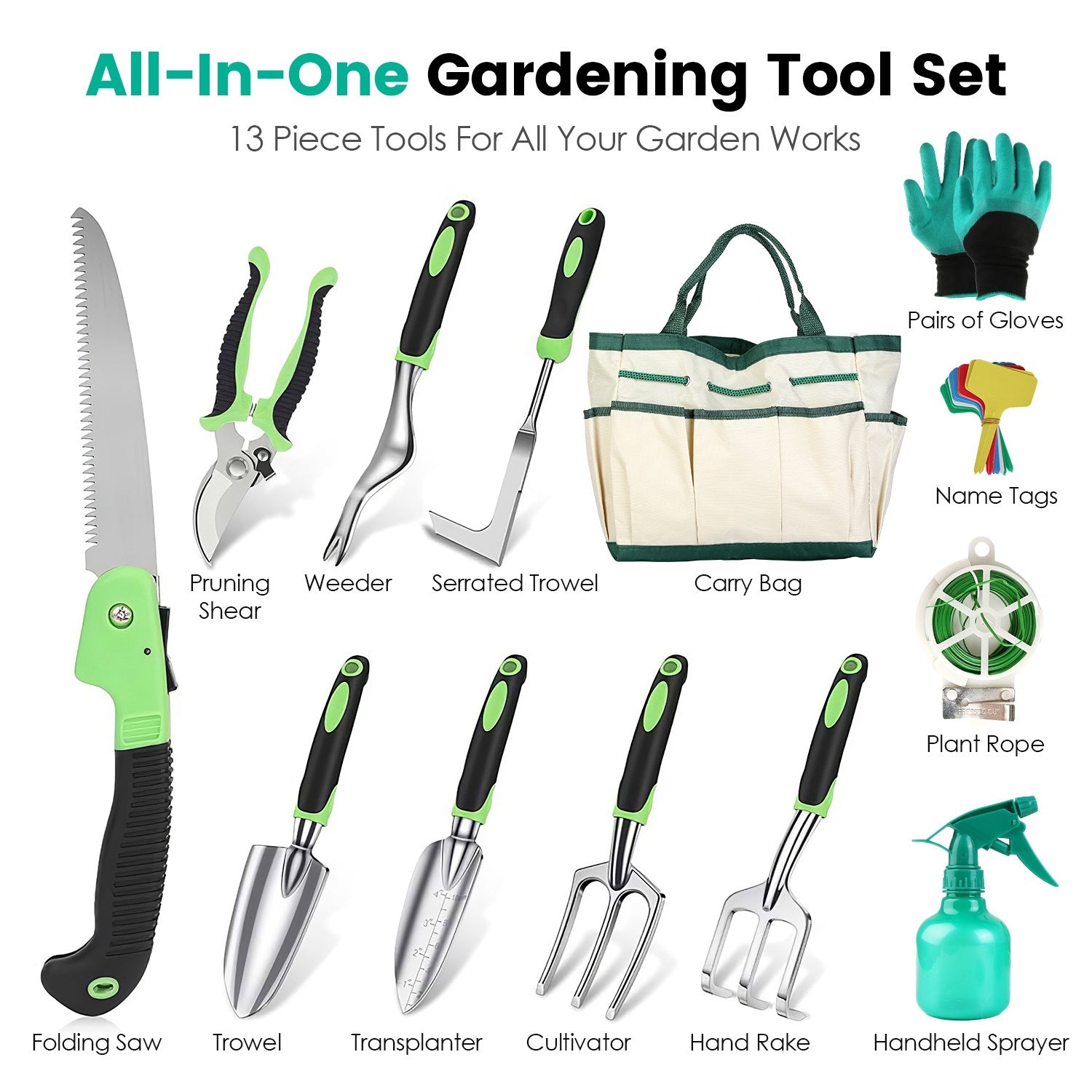 13Pcs Garden Tool Set Aluminum Alloy Gardening Hand Tools Starter Kit With Garden Bag Heavy Duty Outdoor Hand Tools With Non - Slip Ergonomic Handle For Plant Gardening - Gardening Land
