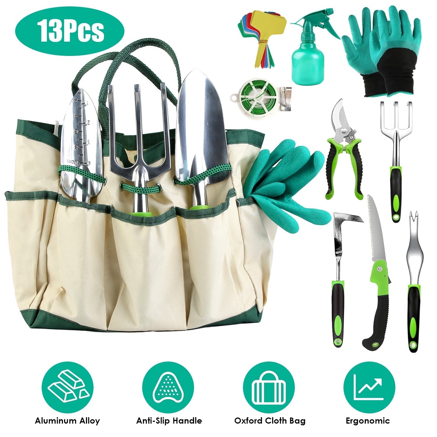 13Pcs Garden Tool Set Aluminum Alloy Gardening Hand Tools Starter Kit With Garden Bag Heavy Duty Outdoor Hand Tools With Non - Slip Ergonomic Handle For Plant Gardening - Gardening Land