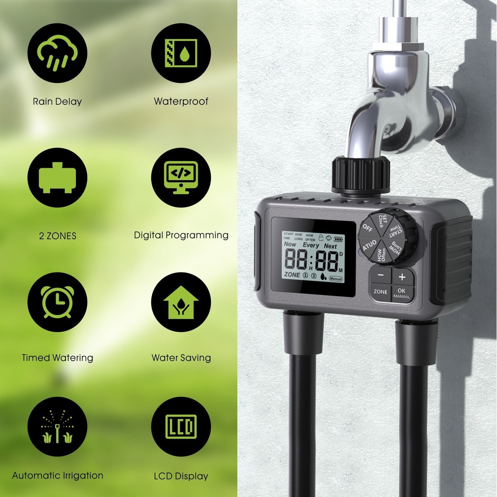 Automatic Irrigation Timer Large Screen Dual - channel Intelligent Watering Controller - Gardening Land