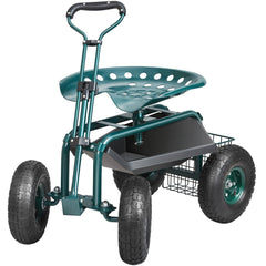 Garden Cart Rolling Workseat With Wheels, Gardening Stool For Planting, 360 Degree Swivel Seat, Wagon Scooter With Steering Handle & Utility Tool Tray, Use For Patio, Yard, And Outdoors, Green - Gardening Land
