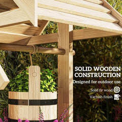 Wood Wishing Well For Outside With Hanging Bucket, Wishing Well Planter With Drain Hole For Garden Patio, Natural - Gardening Land
