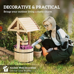 Wood Wishing Well For Outside With Hanging Bucket, Wishing Well Planter With Drain Hole For Garden Patio, Natural - Gardening Land