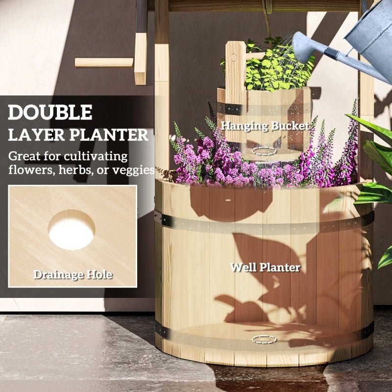 Wood Wishing Well For Outside With Hanging Bucket, Wishing Well Planter With Drain Hole For Garden Patio, Natural - Gardening Land