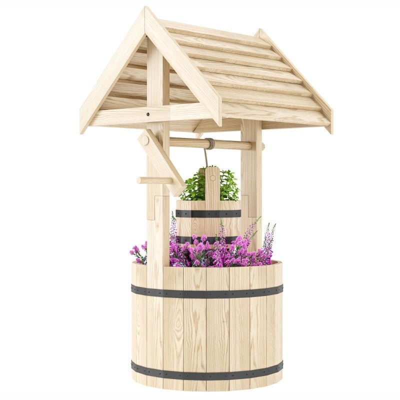 Wood Wishing Well For Outside With Hanging Bucket, Wishing Well Planter With Drain Hole For Garden Patio, Natural - Gardening Land