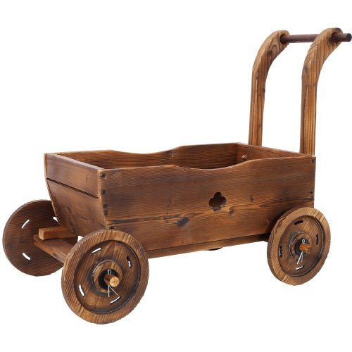 Wooden Wagon Planter Box, Mobile Garden Planter With 4 Wheels, Handle, Drain Hole, Decorative Flower Planter For Indoor & Outdoor Decor, Wooden Flower Cart For Patio, Garden, Balcony, Brown - Gardening Land