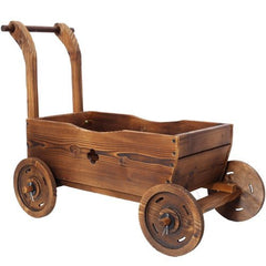 Wooden Wagon Planter Box, Mobile Garden Planter With 4 Wheels, Handle, Drain Hole, Decorative Flower Planter For Indoor & Outdoor Decor, Wooden Flower Cart For Patio, Garden, Balcony, Brown - Gardening Land