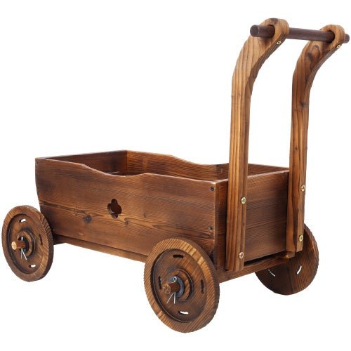 Wooden Wagon Planter Box, Mobile Garden Planter With 4 Wheels, Handle, Drain Hole, Decorative Flower Planter For Indoor & Outdoor Decor, Wooden Flower Cart For Patio, Garden, Balcony, Brown - Gardening Land