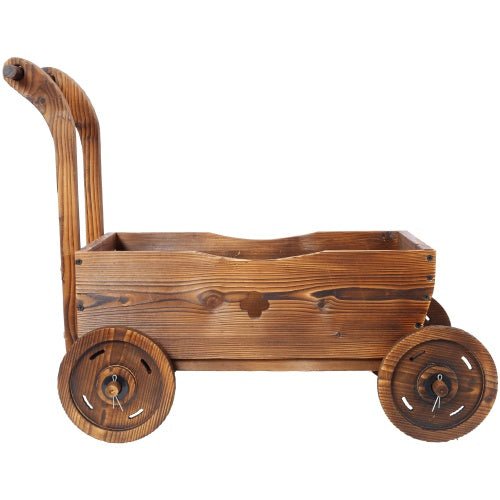 Wooden Wagon Planter Box, Mobile Garden Planter With 4 Wheels, Handle, Drain Hole, Decorative Flower Planter For Indoor & Outdoor Decor, Wooden Flower Cart For Patio, Garden, Balcony, Brown - Gardening Land