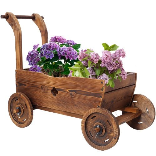 Wooden Wagon Planter Box, Mobile Garden Planter With 4 Wheels, Handle, Drain Hole, Decorative Flower Planter For Indoor & Outdoor Decor, Wooden Flower Cart For Patio, Garden, Balcony, Brown - Gardening Land