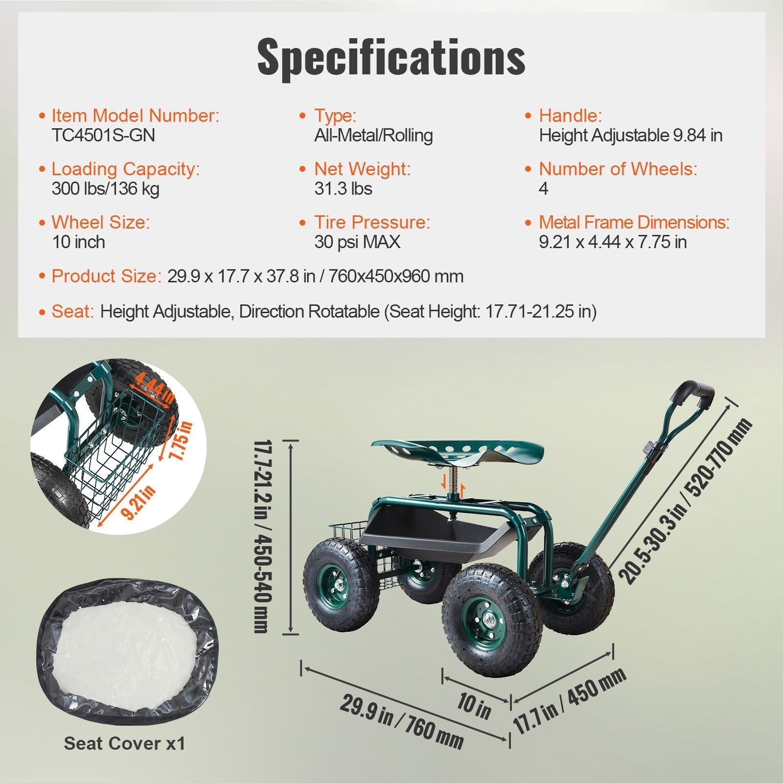 Garden Cart Rolling Workseat With Wheels, Gardening Stool For Planting, 360 Degree Swivel Seat, Wagon Scooter With Steering Handle & Utility Tool Tray, Use For Patio, Yard, And Outdoors, Green - Gardening Land