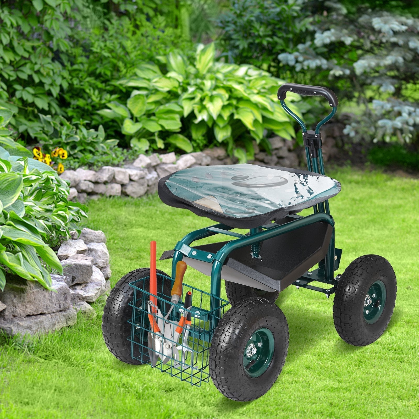 Garden Cart Rolling Workseat With Wheels, Gardening Stool For Planting, 360 Degree Swivel Seat, Wagon Scooter With Steering Handle & Utility Tool Tray, Use For Patio, Yard, And Outdoors, Green - Gardening Land