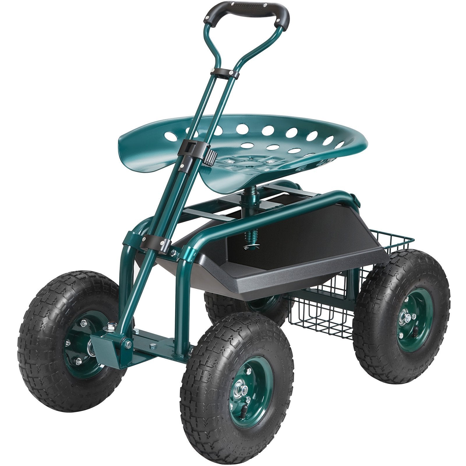 Garden Cart Rolling Workseat With Wheels, Gardening Stool For Planting, 360 Degree Swivel Seat, Wagon Scooter With Steering Handle & Utility Tool Tray, Use For Patio, Yard, And Outdoors, Green - Gardening Land