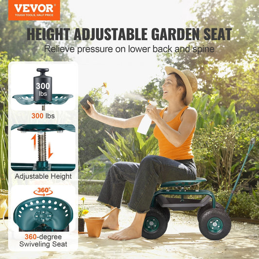 Garden Cart Rolling Workseat With Wheels, Gardening Stool For Planting, 360 Degree Swivel Seat, Wagon Scooter With Steering Handle & Utility Tool Tray, Use For Patio, Yard, And Outdoors, Green - Gardening Land