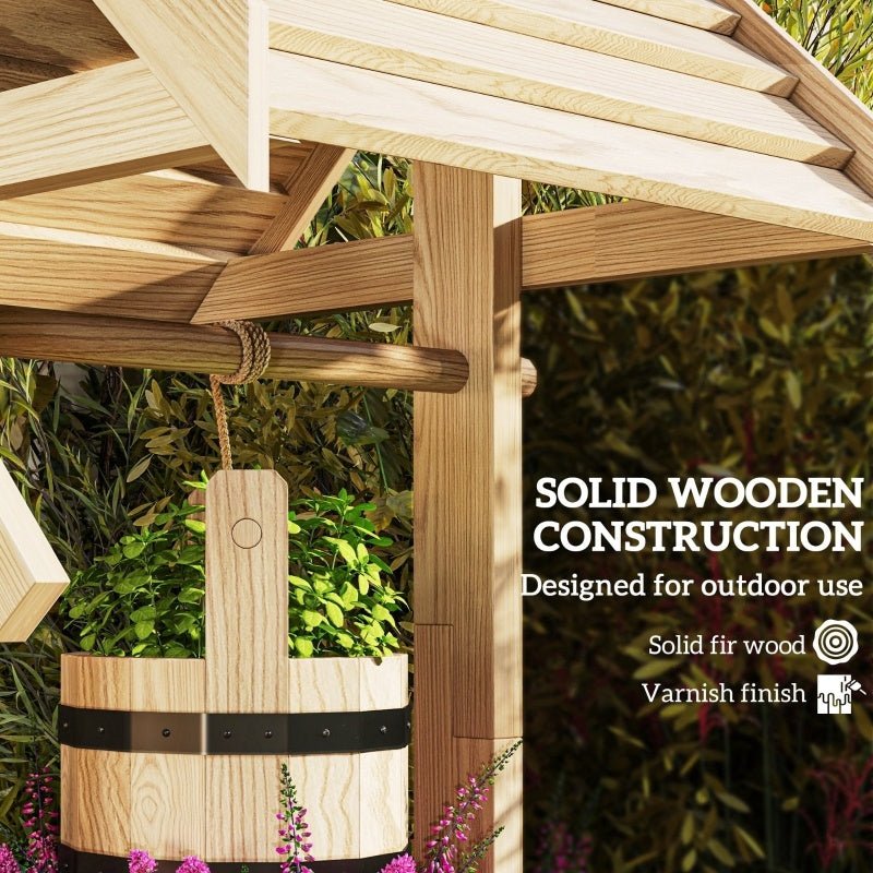 Wood Wishing Well For Outside With Hanging Bucket, Wishing Well Planter With Drain Hole For Garden Patio, Natural - Gardening Land