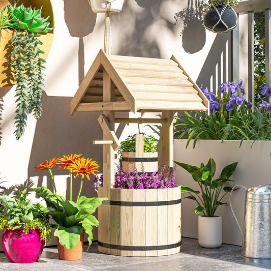 Wood Wishing Well For Outside With Hanging Bucket, Wishing Well Planter With Drain Hole For Garden Patio, Natural - Gardening Land