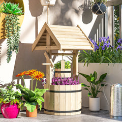 Wood Wishing Well For Outside With Hanging Bucket, Wishing Well Planter With Drain Hole For Garden Patio, Natural - Gardening Land