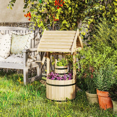 Wood Wishing Well For Outside With Hanging Bucket, Wishing Well Planter With Drain Hole For Garden Patio, Natural - Gardening Land